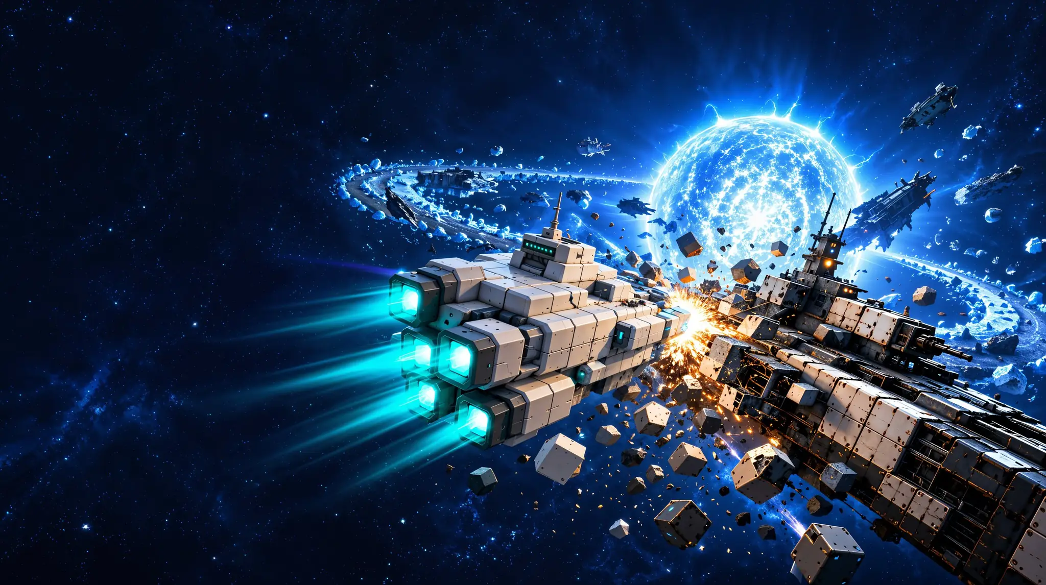 Key art: a white ship made of blocks rams an old warship over a blue star, and the wreck's blocks fly apart.