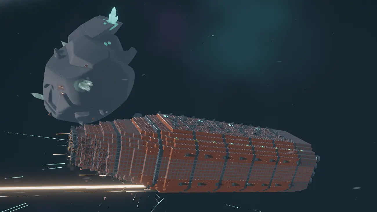 Combat next to an asteroid: tracer fire hits the back of a long rust-red enemy ship.