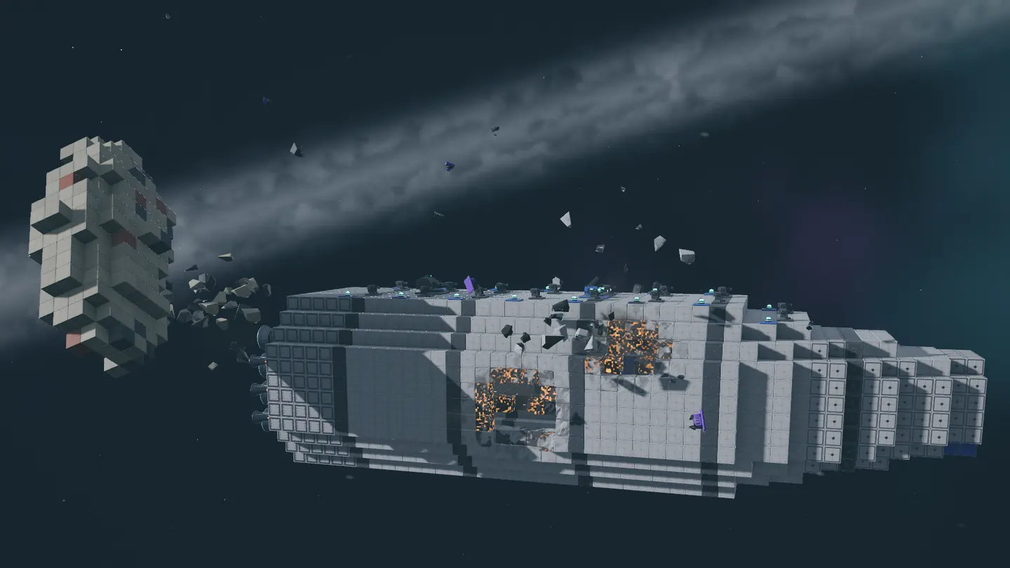 A long white ship after a collision: two holes in the hull glow orange, debris drifts away, and a broken-off chunk floats nearby.