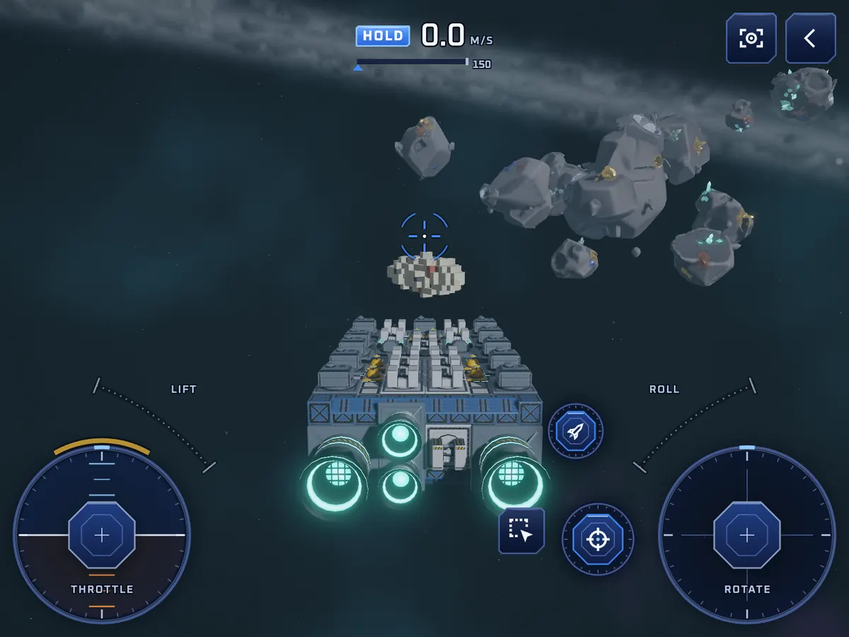 Flying: a ship seen from behind with four teal thrusters lit and asteroids ahead, with a thumb stick in each bottom corner.