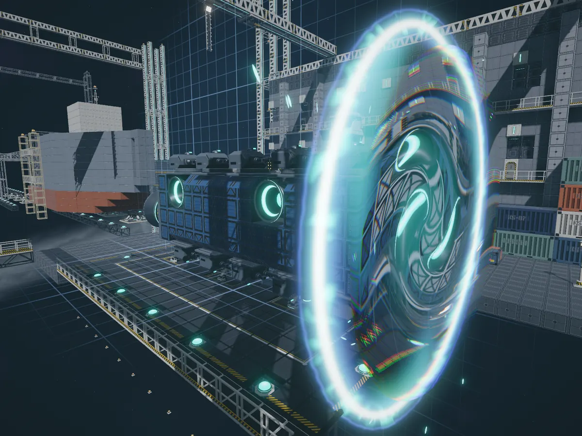 A ring of teal light opens over the launch pad, bending the view of the ship behind it.