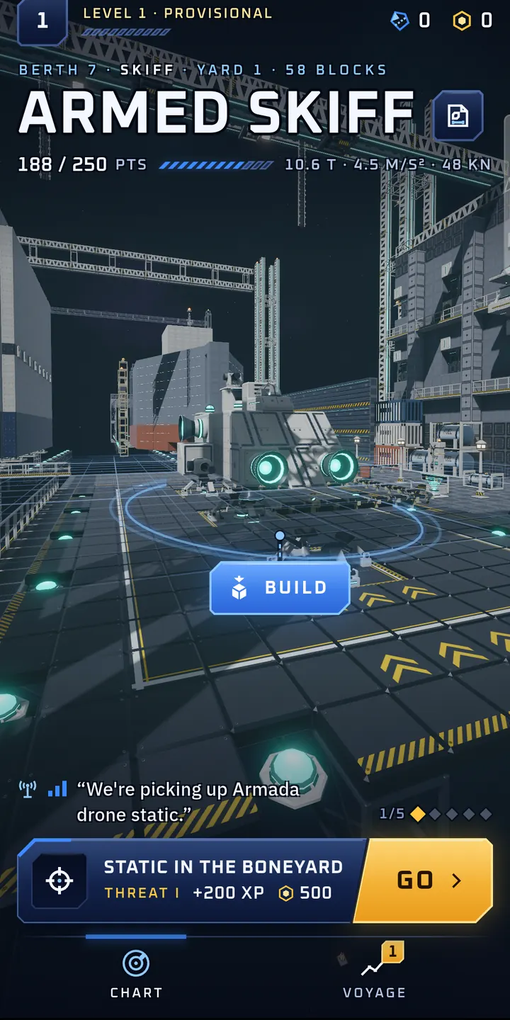 The hangar on a phone held upright: a small armed ship in the dock, its name and Build Points at the top, a Build button, and the next job with a gold Go button.
